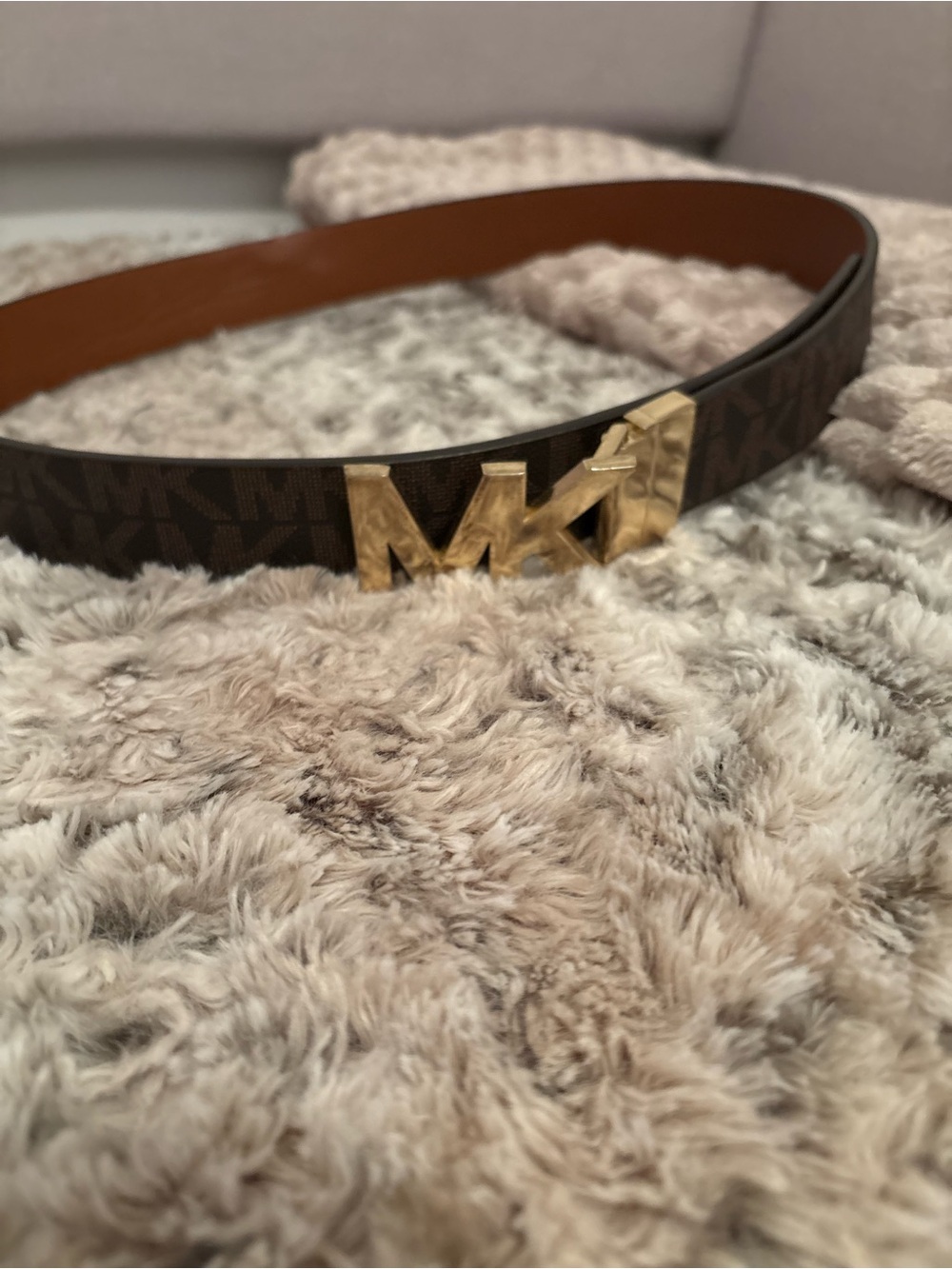 Michael Kors Brown Logo Belt with Gold MK Buckle